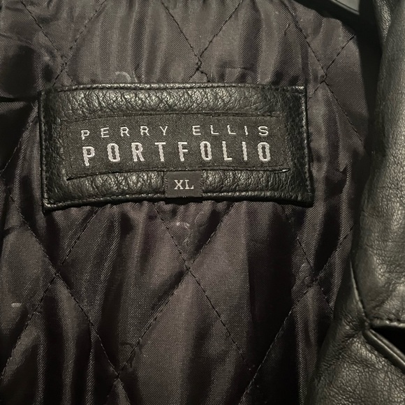 Perry Ellis Black Genuine Leather Trench Coat - Picture 2 of 5